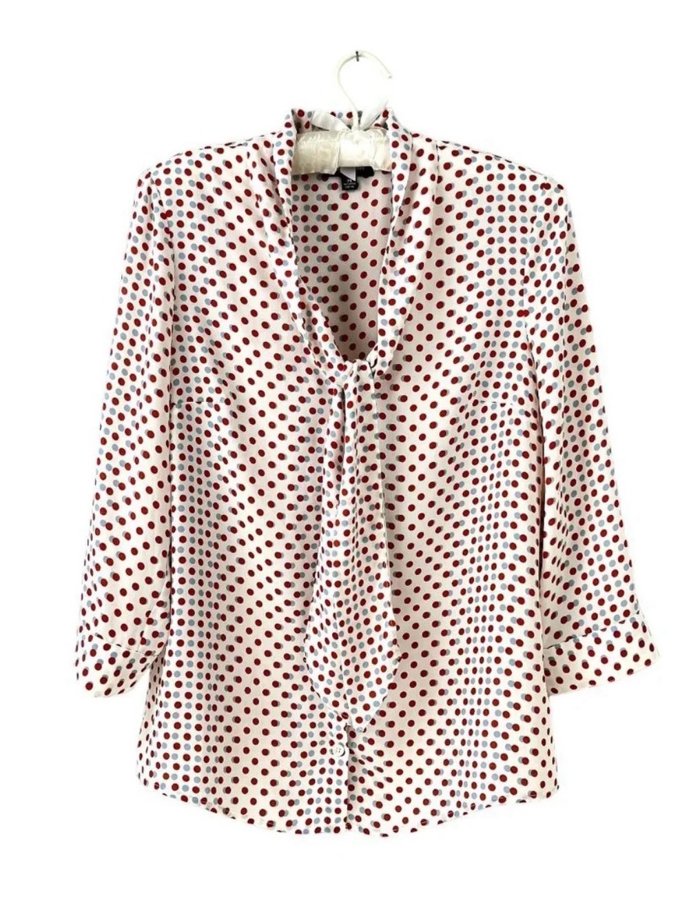 Modcloth Polka Dot Bow Neck Tie Pussybow Blouse 3/4 Sleeve Shirt